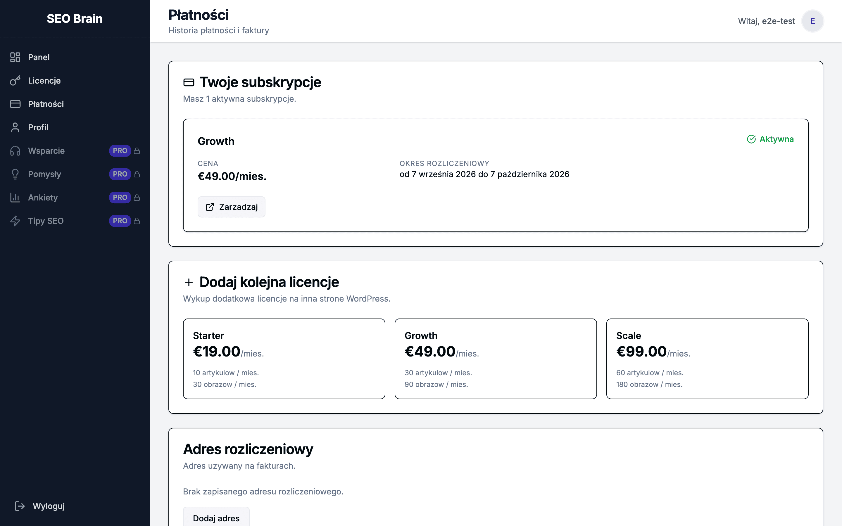 Billing panel with an active Growth subscription