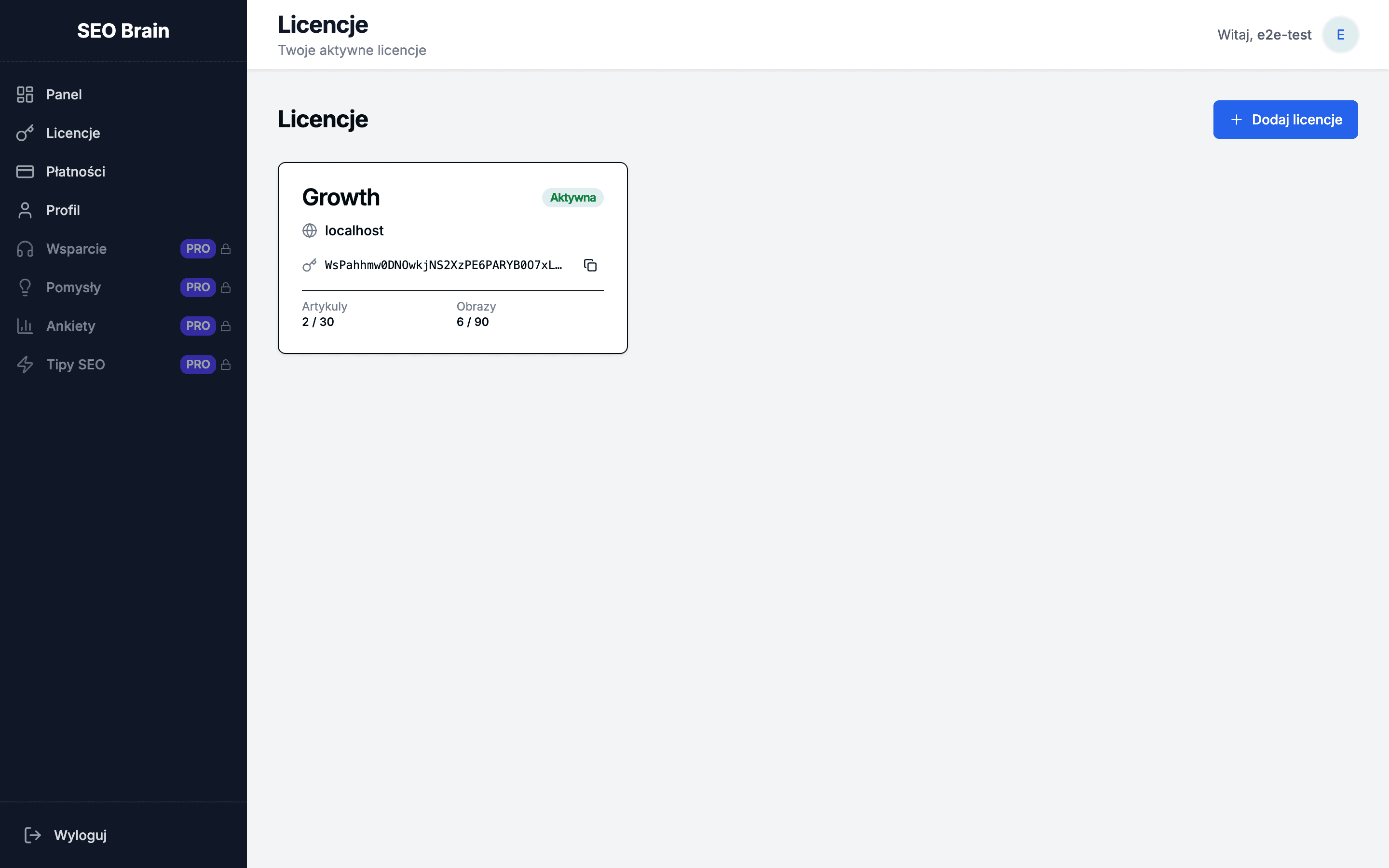 Licenses tab in the SEO Brain panel with key and domain