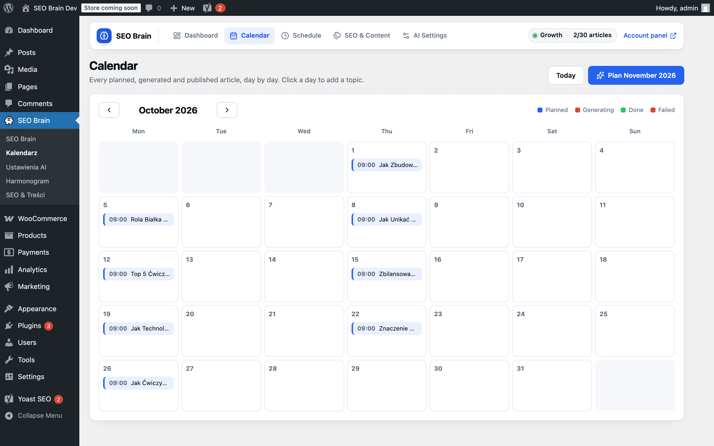 Plugin calendar with planned article topics for October