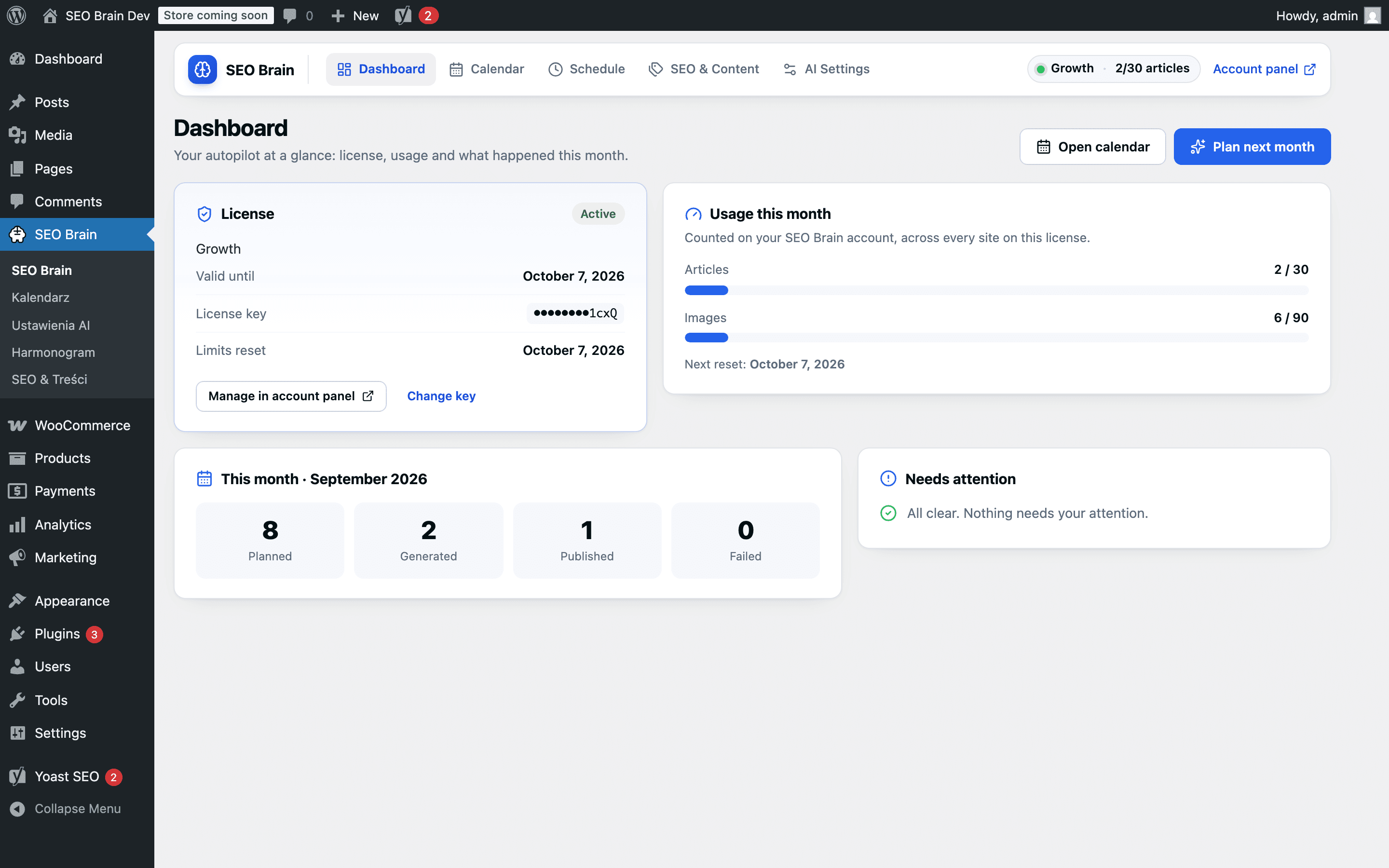 SEO Brain plugin dashboard inside WordPress: license status, usage limits and quick actions