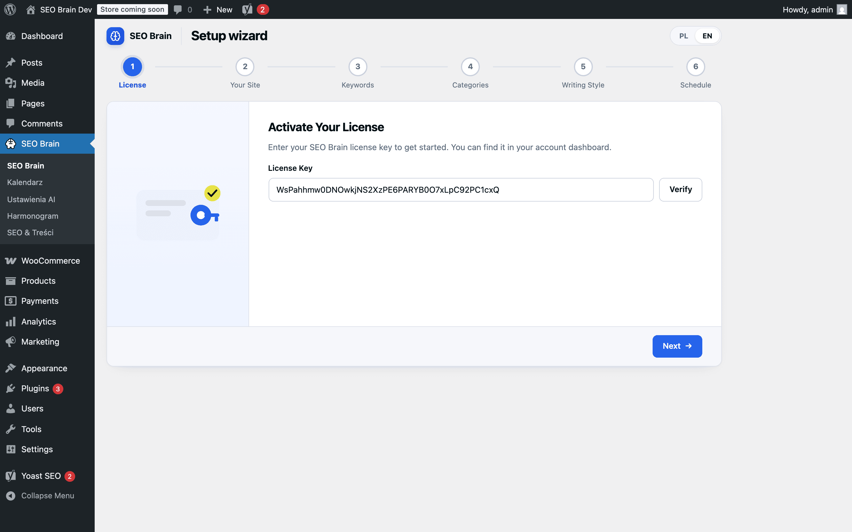 Plugin setup wizard: license key field and verify button