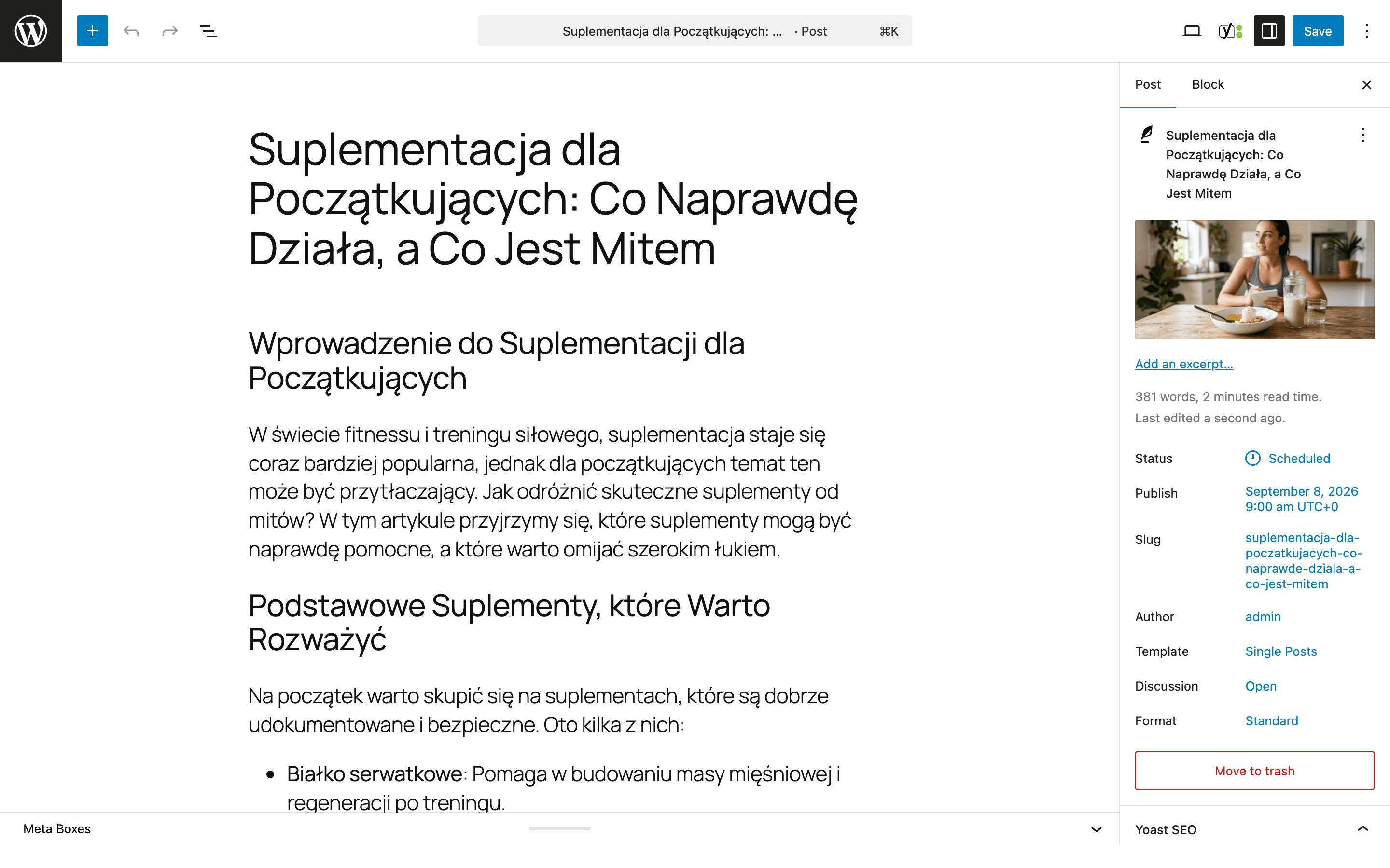 WordPress editor with a generated article, cover image and scheduled publication