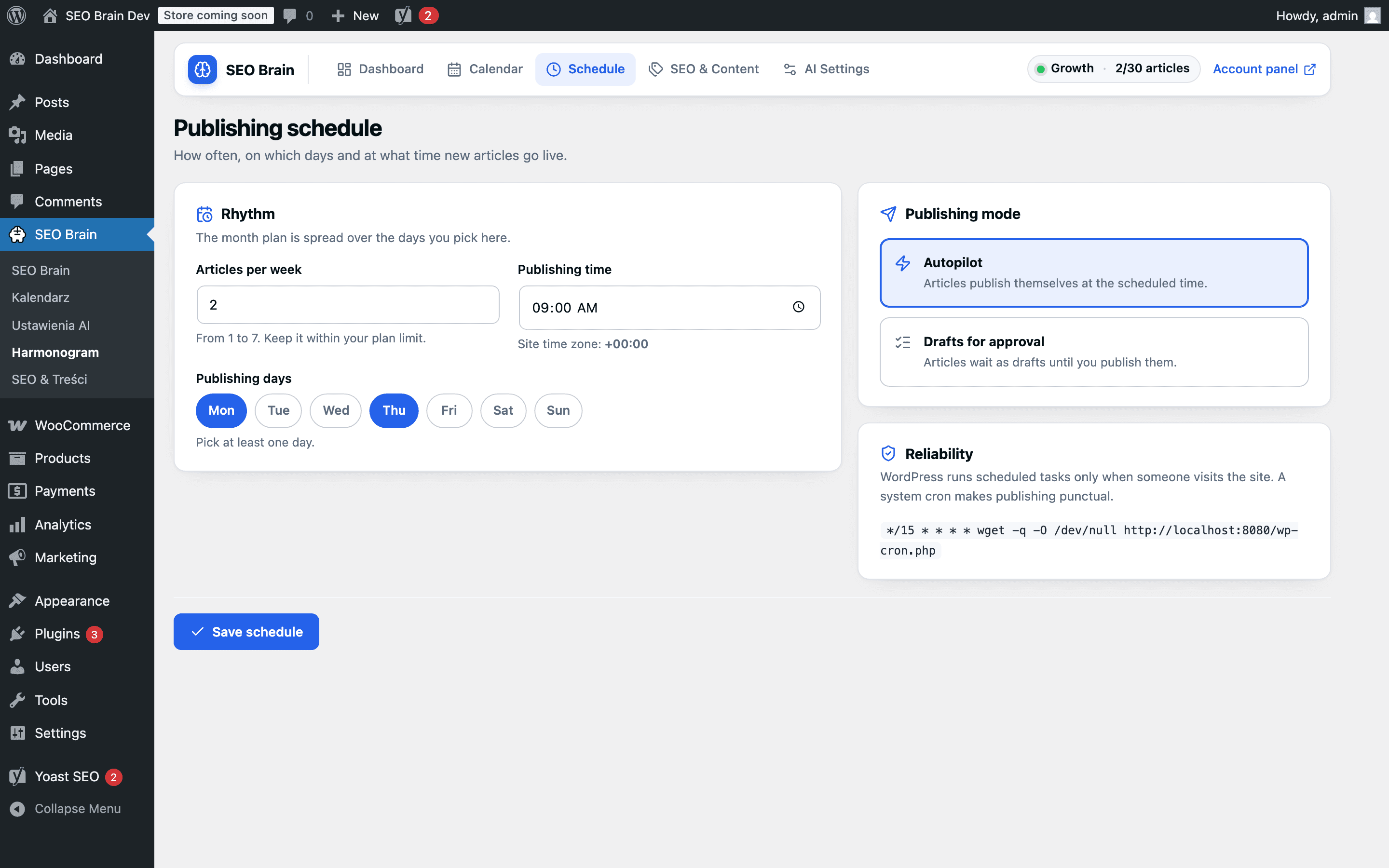 Publishing schedule settings in the plugin