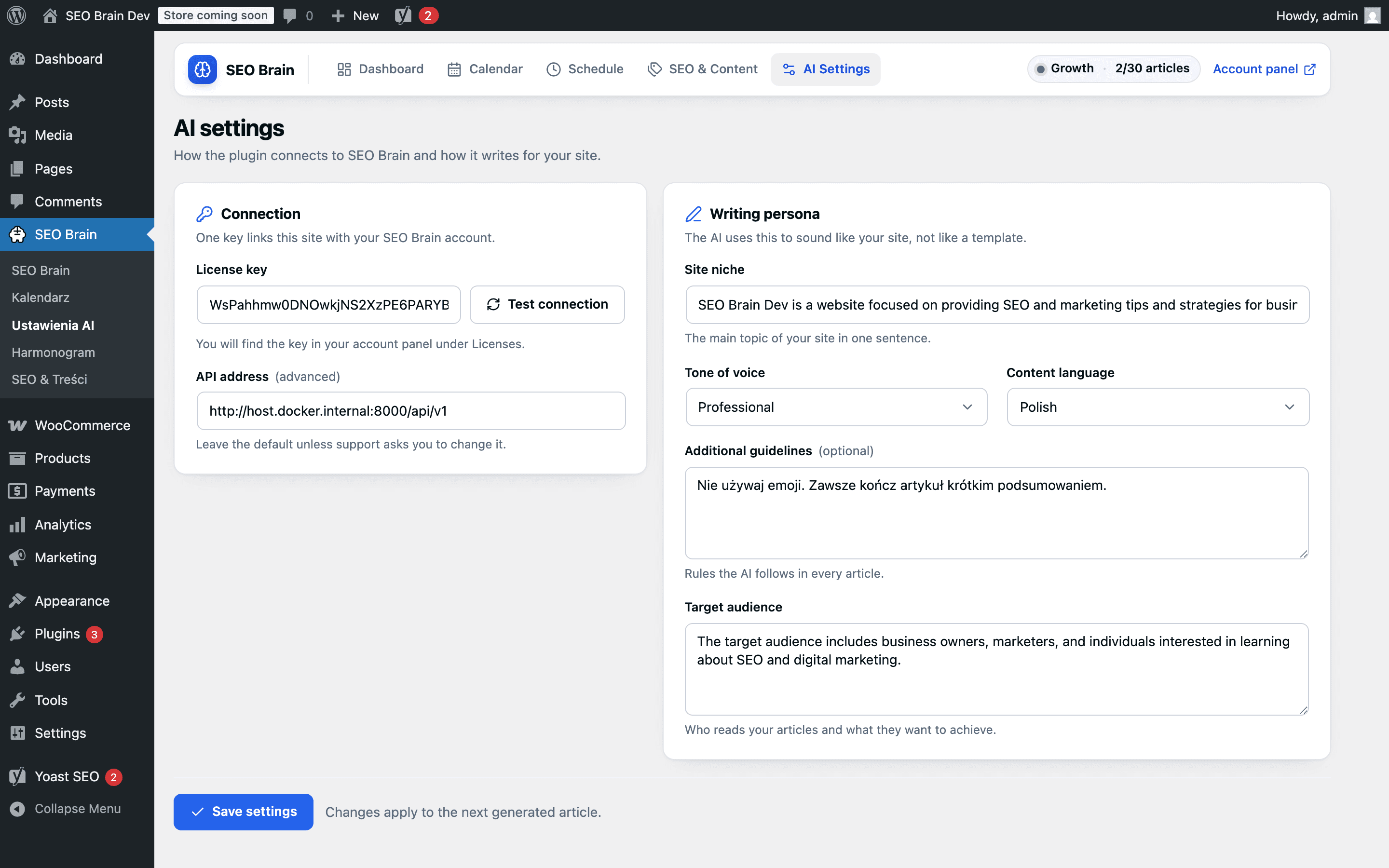 Plugin settings in WordPress with the license key field